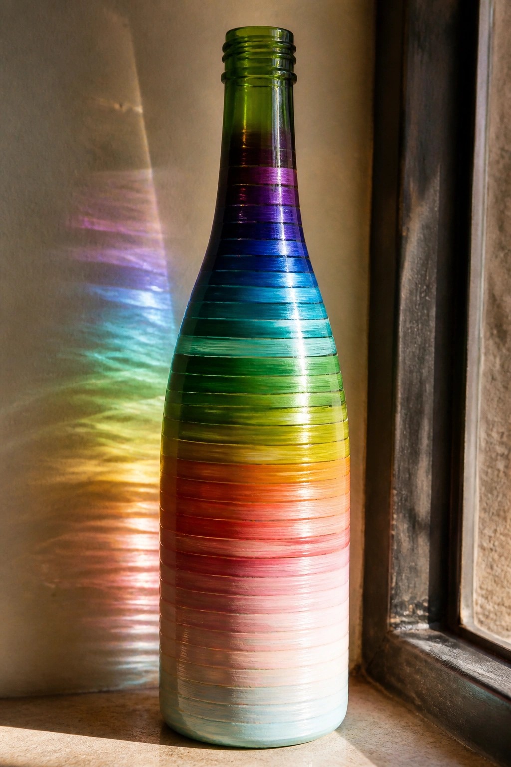 Rainbow-painted glass bottle on windowsill casting colorful sunlight reflections on wall