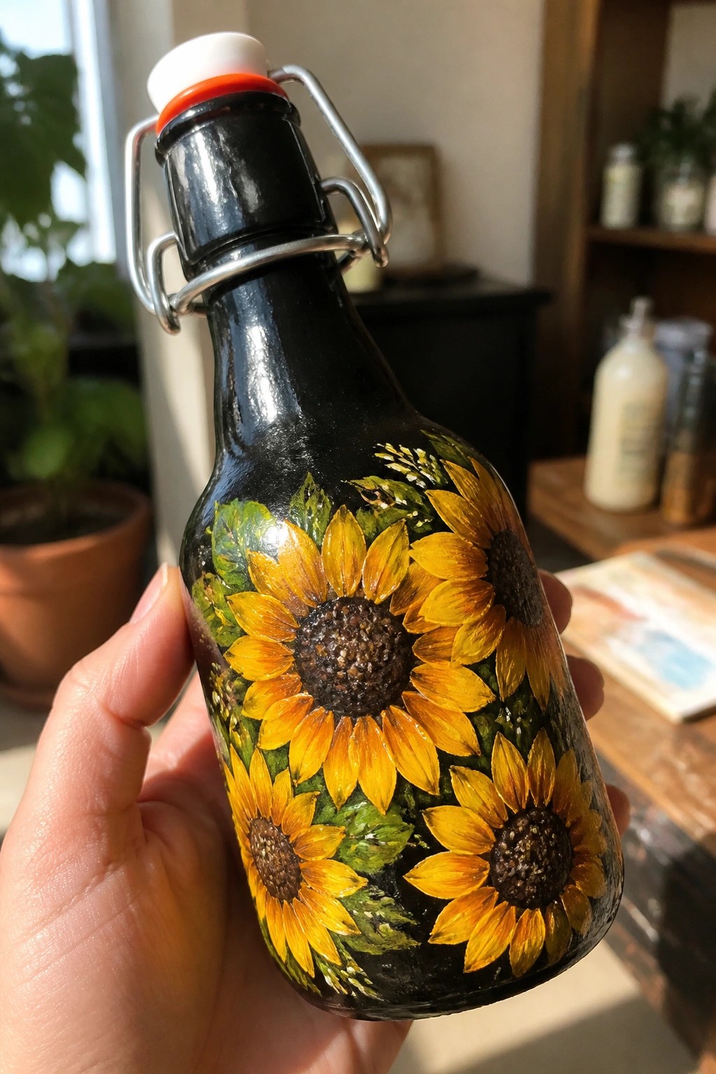Hand holding black bottle painted with yellow sunflowers, green leaves, and metal clasp
