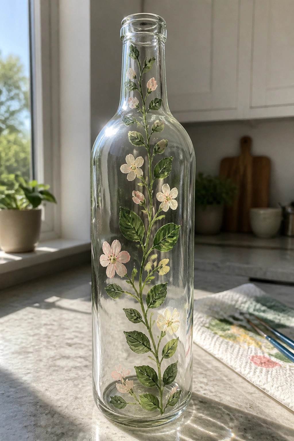 Glass bottle with vine of green leaves and pink white flowers painted on it