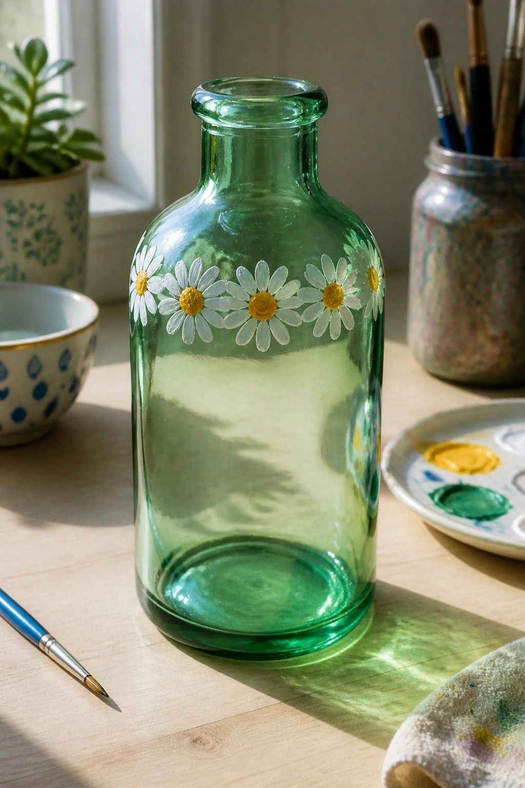 Green glass bottle with painted daisies on sunlit wooden table amid art supplies
