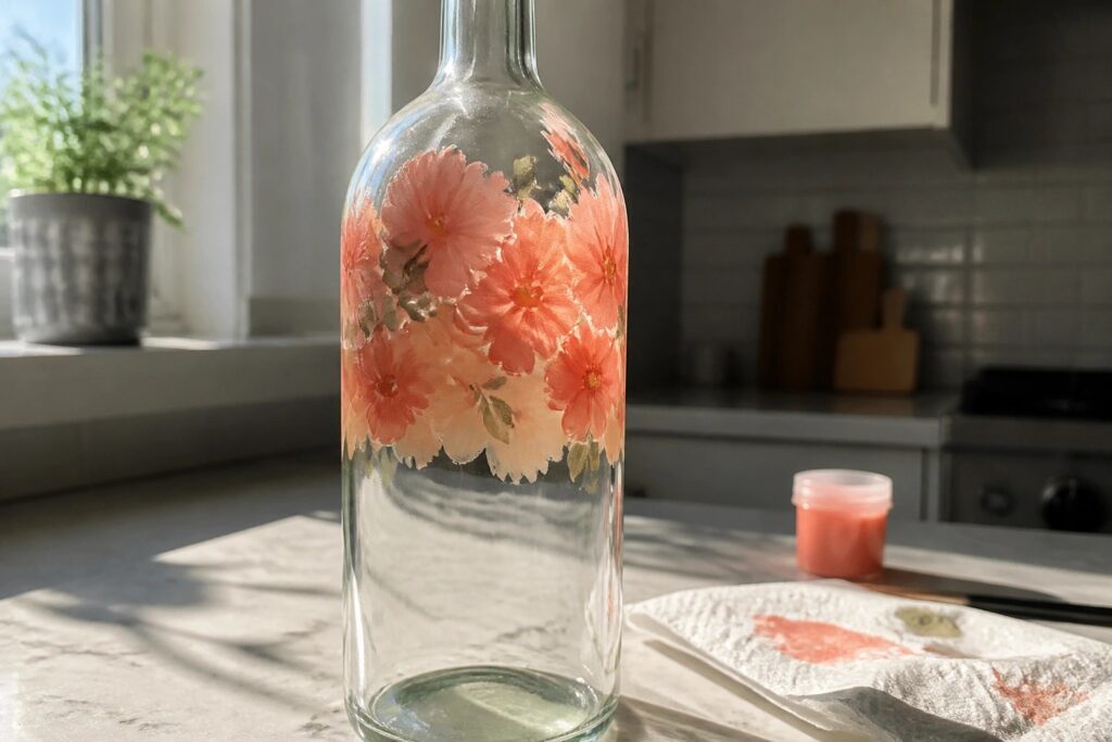 19 Transparent Glass Bottle Art Ideas Without Covering the Entire Bottle Clear glass bottle hand-painted with coral-pink flowers and leaves on kitchen counter
