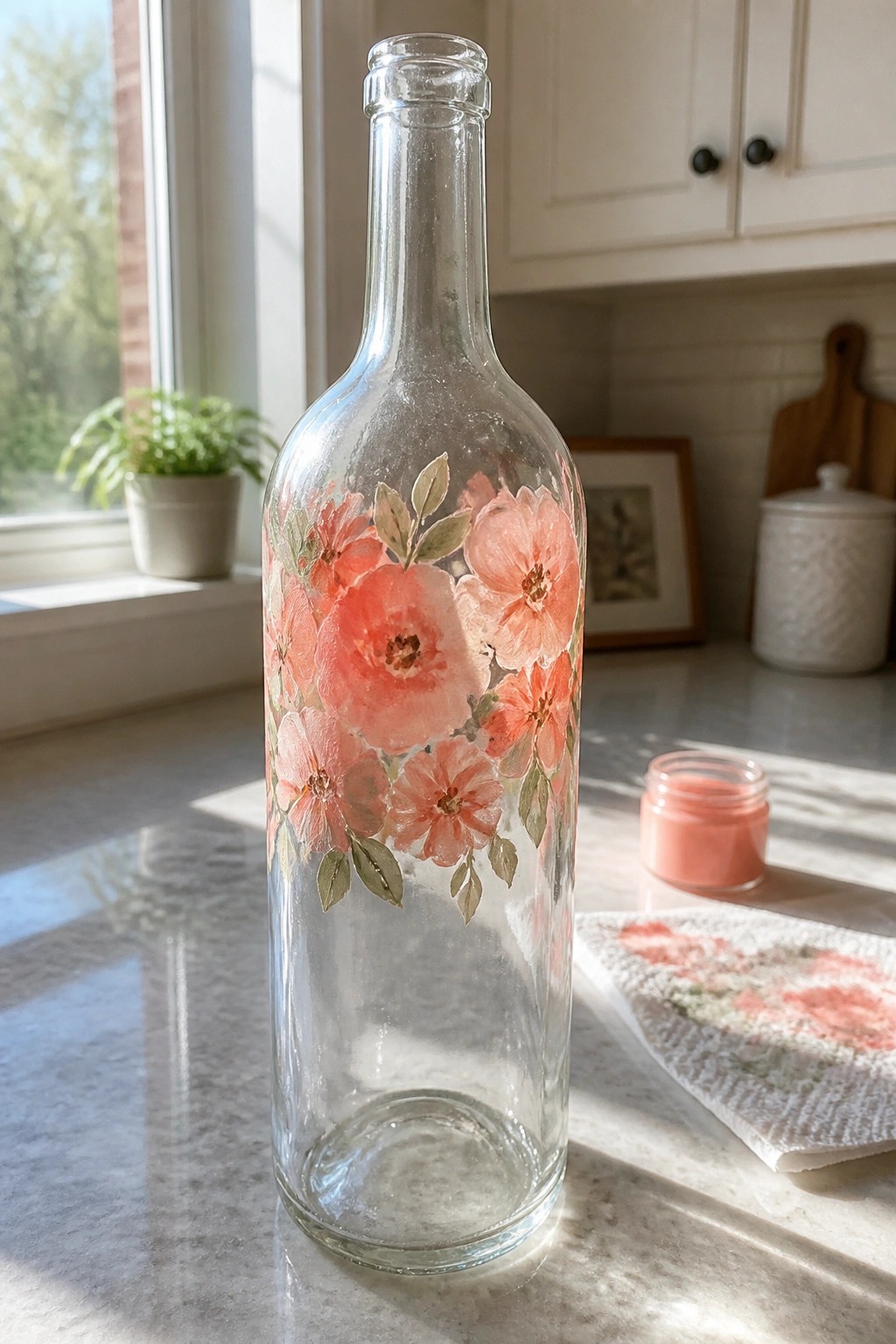 Clear glass bottle hand-painted with coral-pink flowers and leaves on kitchen counter