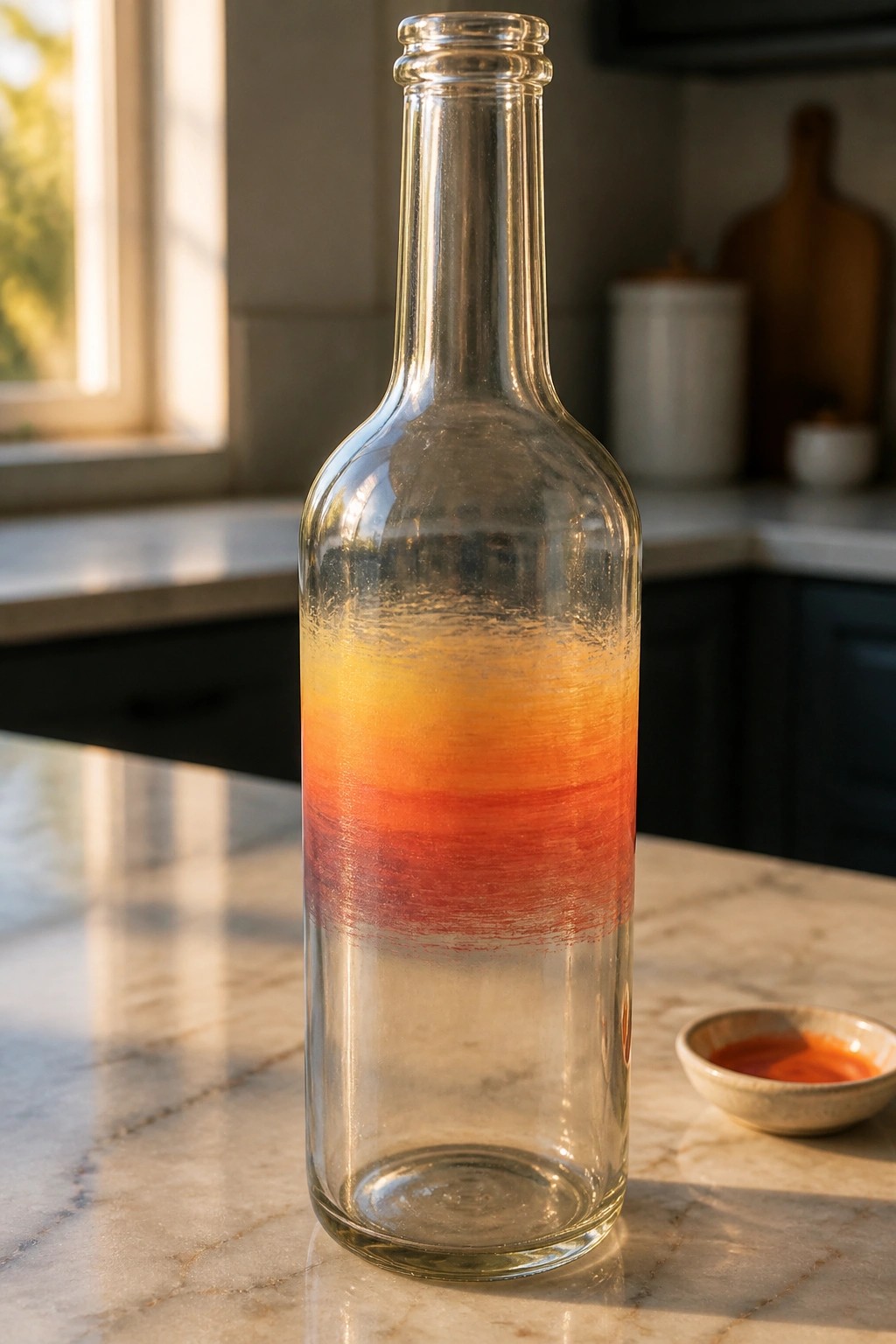 Tall glass bottle with yellow-orange-red gradient on marble kitchen counter