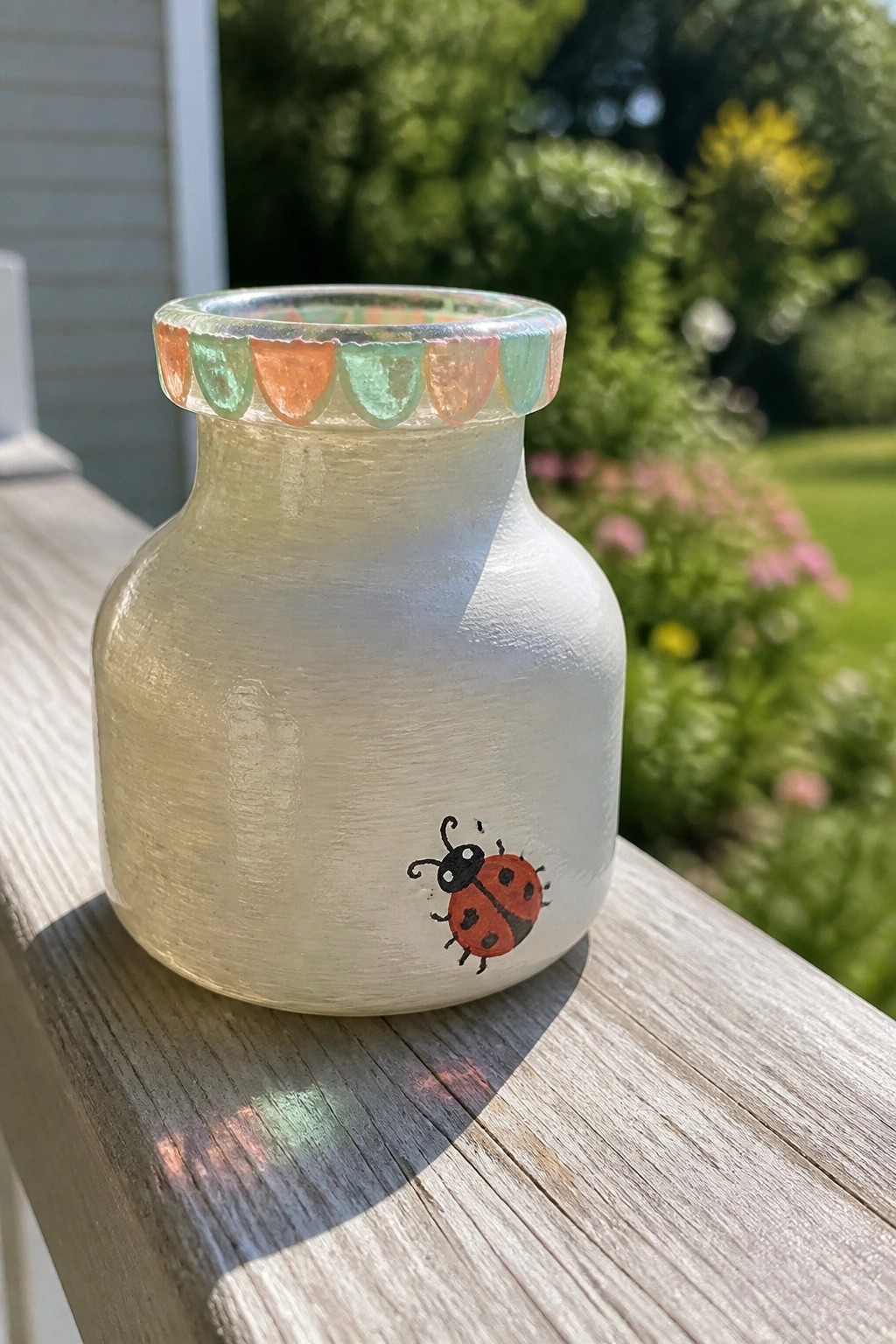 Frosted glass vase with red ladybug and colorful scalloped rim on wooden railing