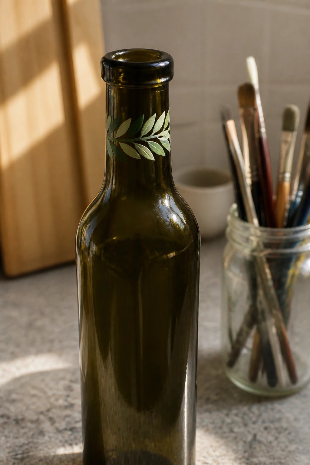 Dark green bottle with leaf design beside jar of paintbrushes on countertop