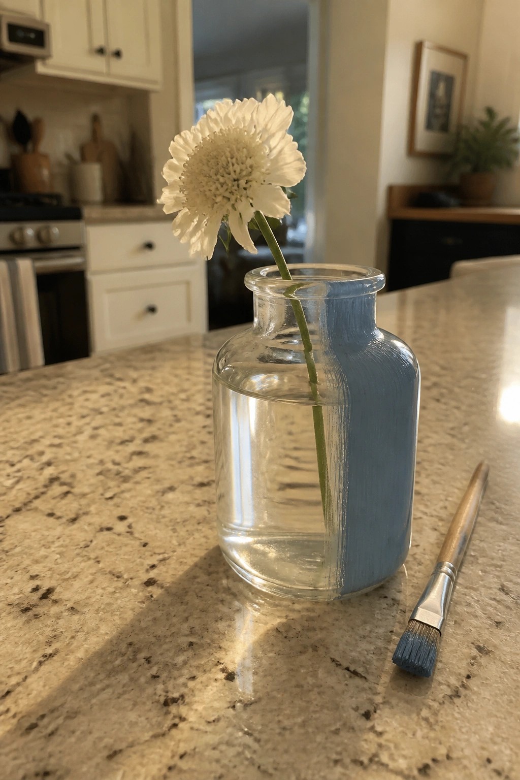 Partially blue-painted glass jar holding white flower beside paintbrush on kitchen counter