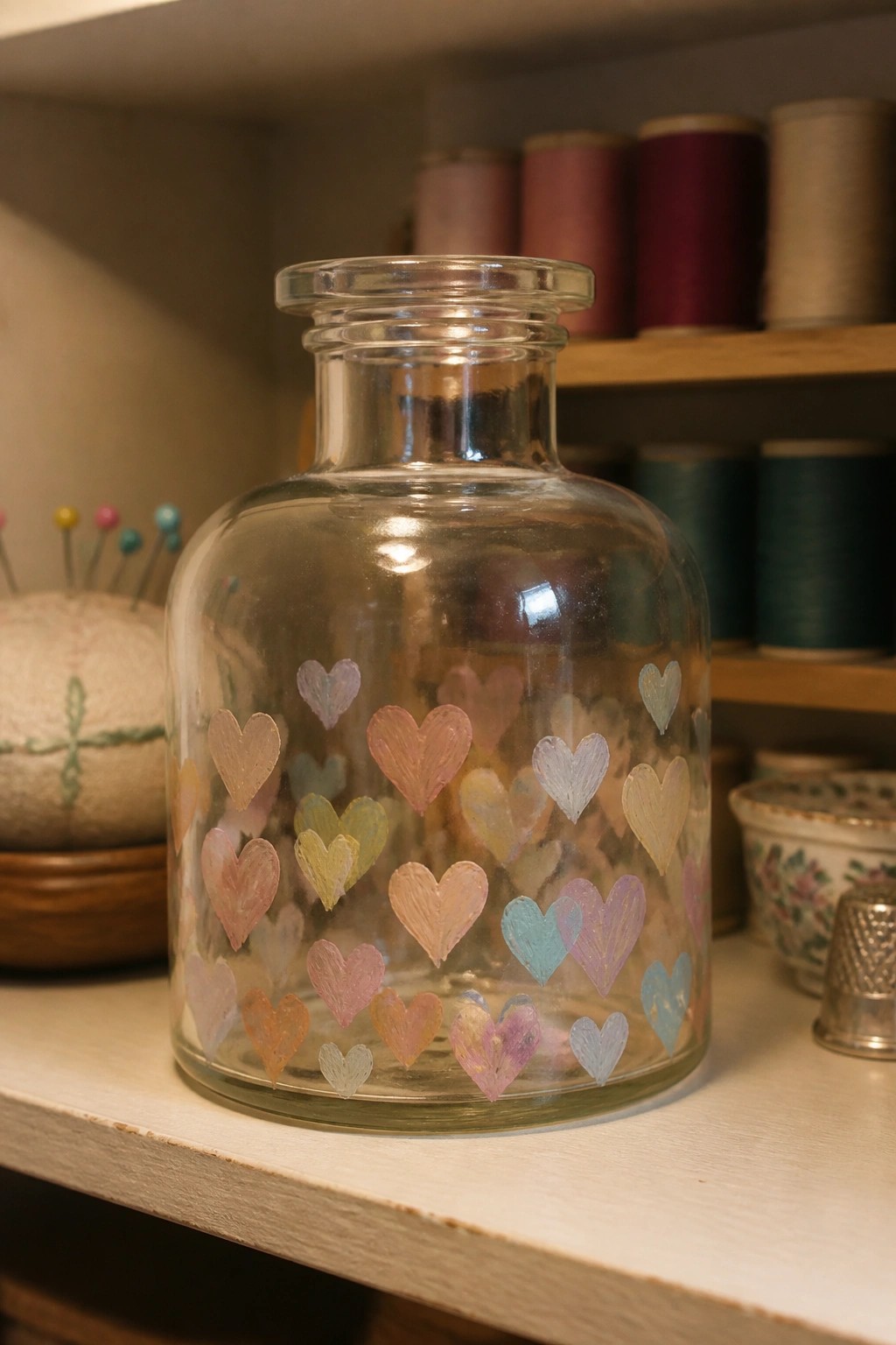 Glass jar with colorful painted hearts among sewing thread spools