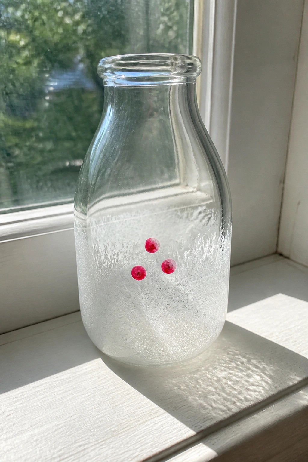 Condensation-covered glass bottle with three small red spheres on sunny windowsill.