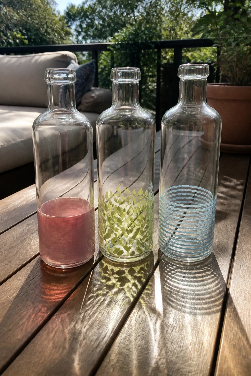 Three glass bottles with pink liquid, green leaves, and blue rings on sunny table.