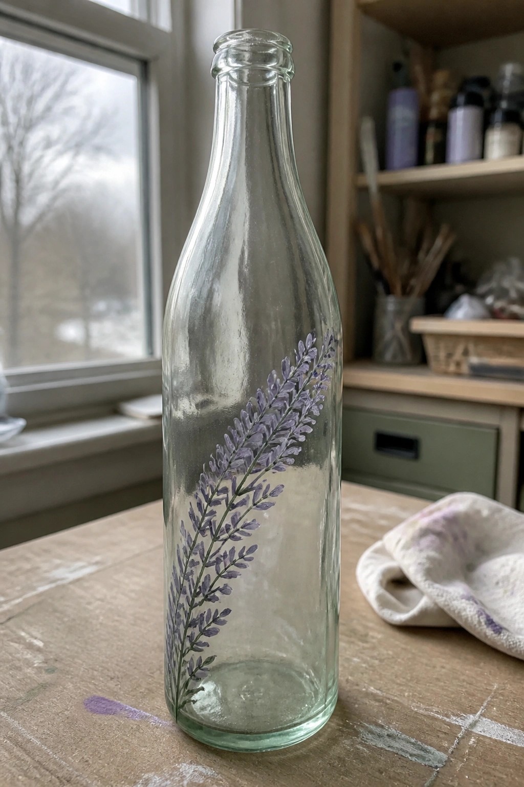Clear glass bottle with purple lavender sprigs on wooden table by window