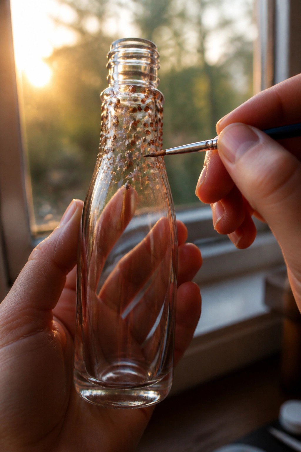 Hands painting brown dots on a glass bottle with a fine brush in sunlight