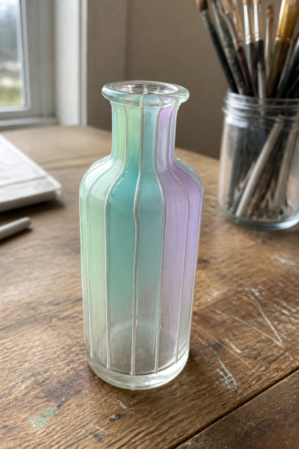 Pastel green-purple ribbed glass vase on wooden table near paintbrushes jar