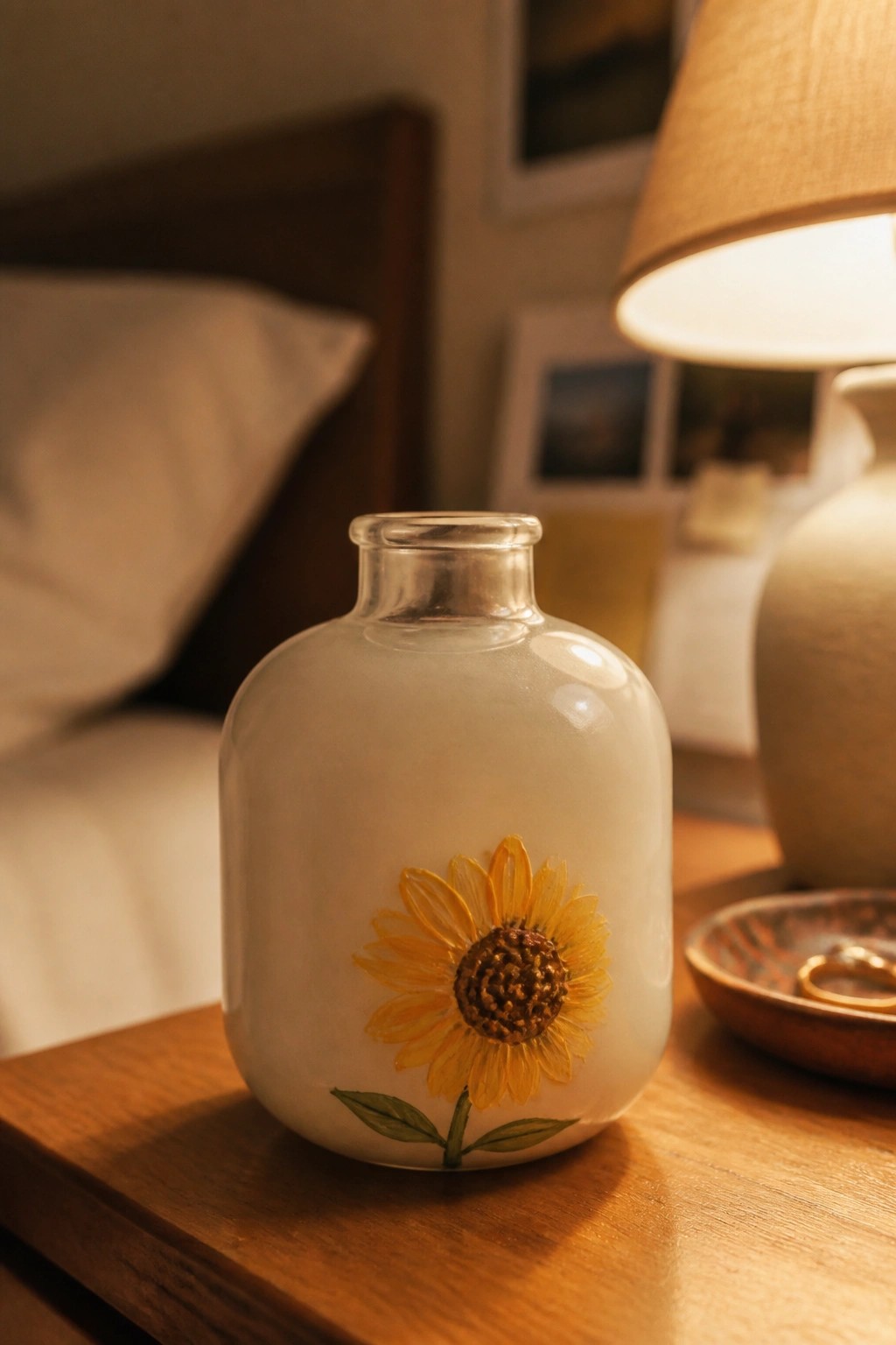 Frosted glass vase with yellow sunflower painting on wooden bedside table at night