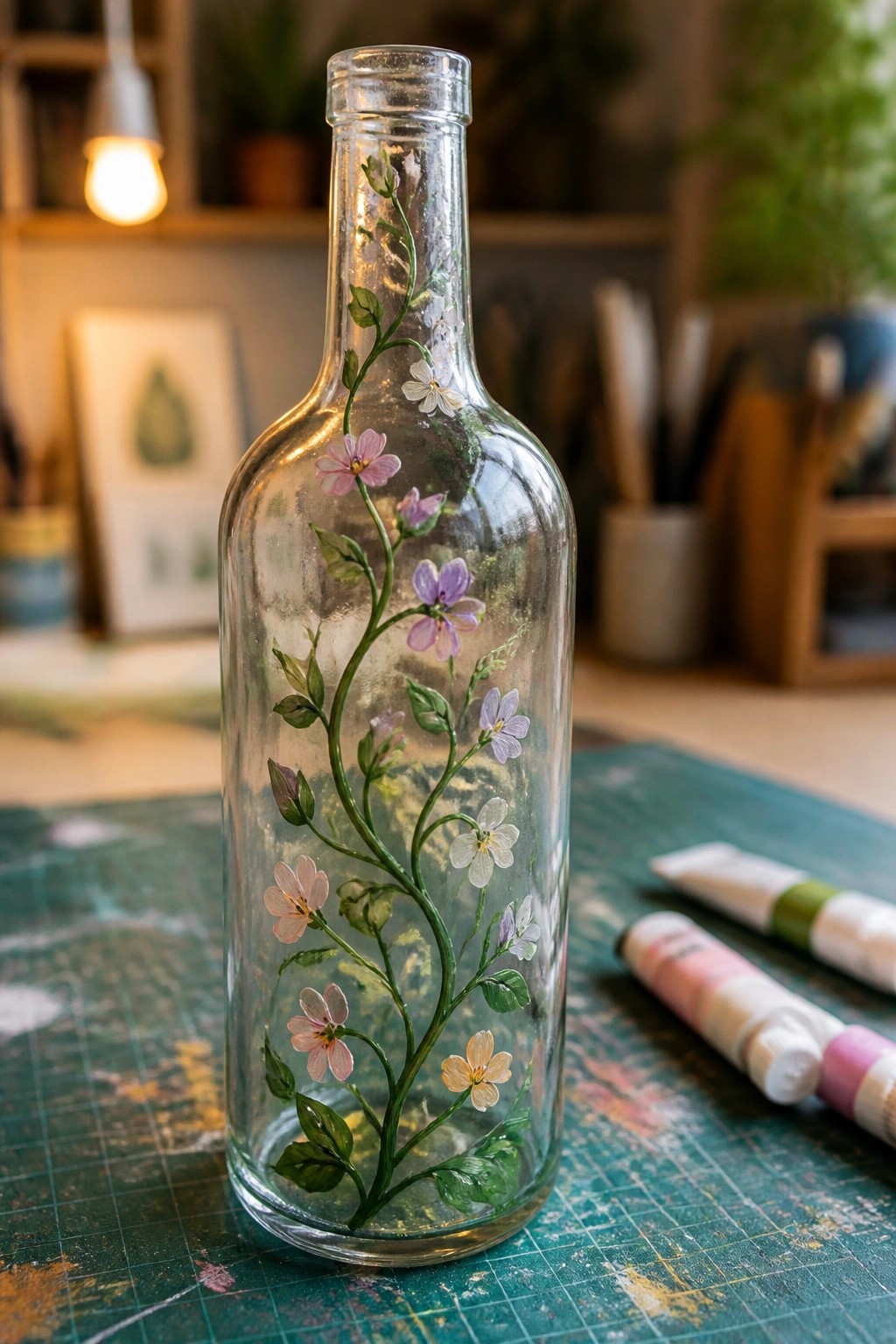 Painted glass bottle with pink and purple flowers on green vines beside paint tubes