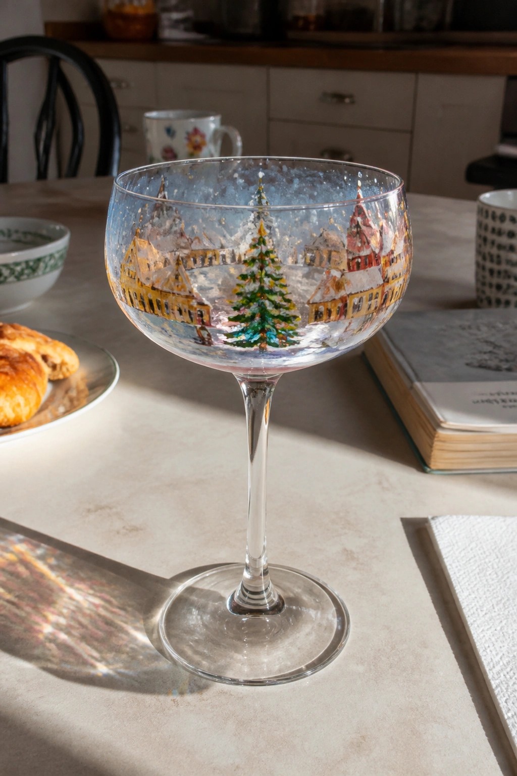 A clear coupe wine glass painted with a snowy village and Christmas tree stands on a light countertop.