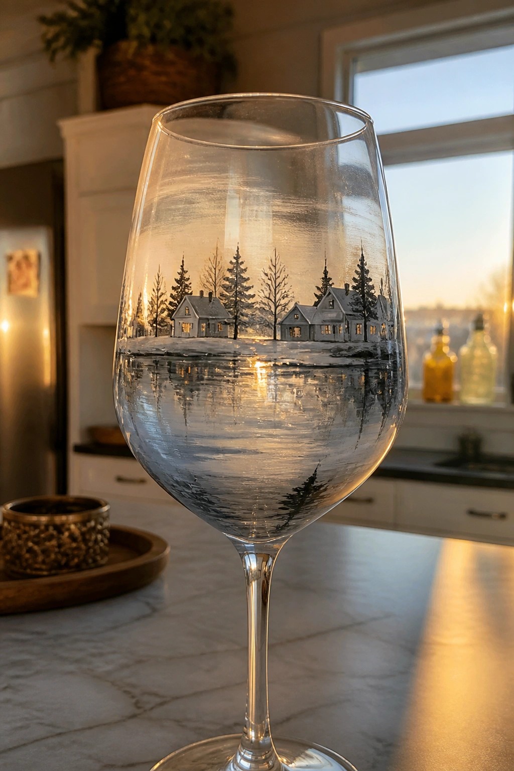 Wine glass hand-painted with snowy houses, trees, and water reflections.