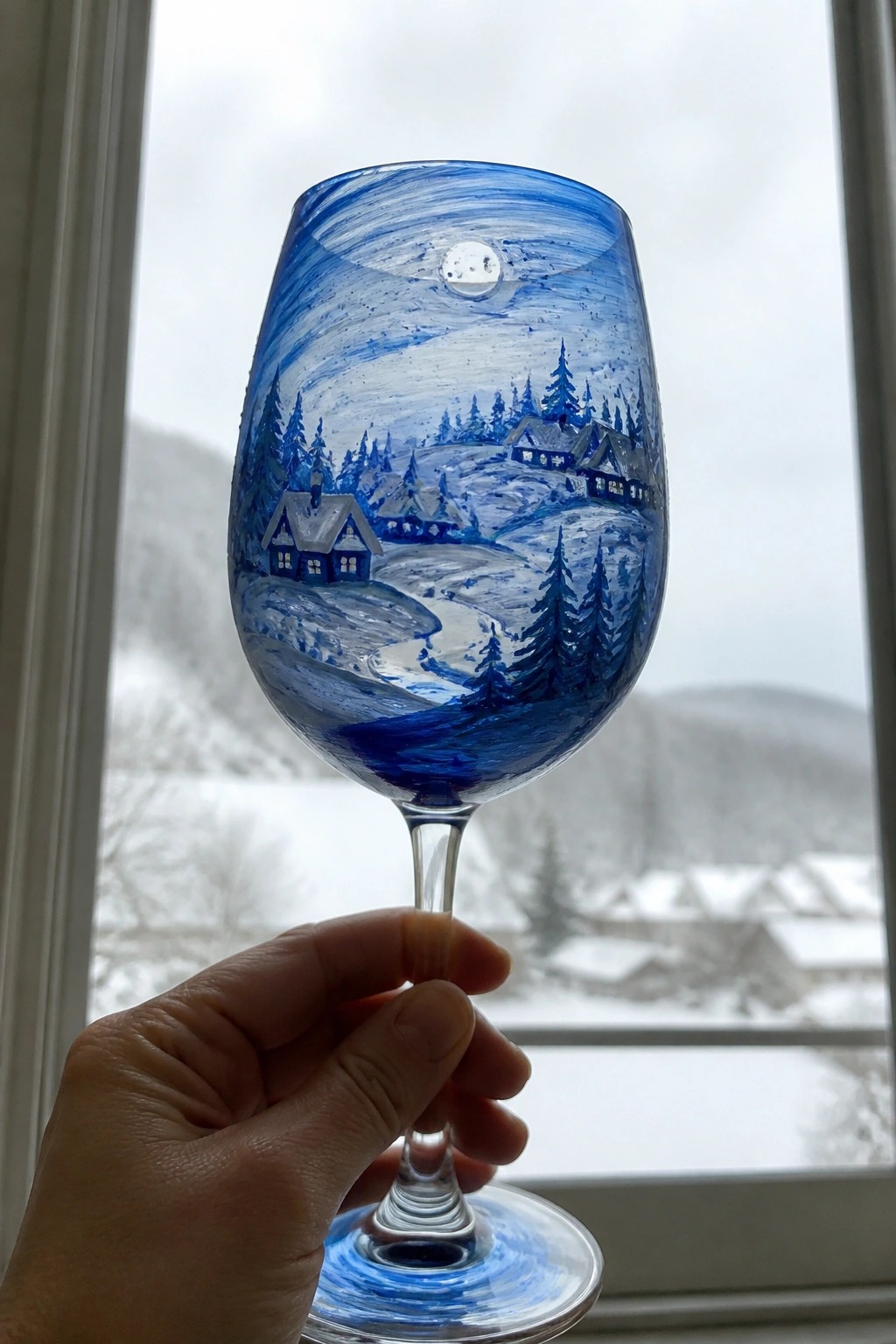 A hand holds a wine glass painted with a blue snowy village scene including houses, trees, and a moon.