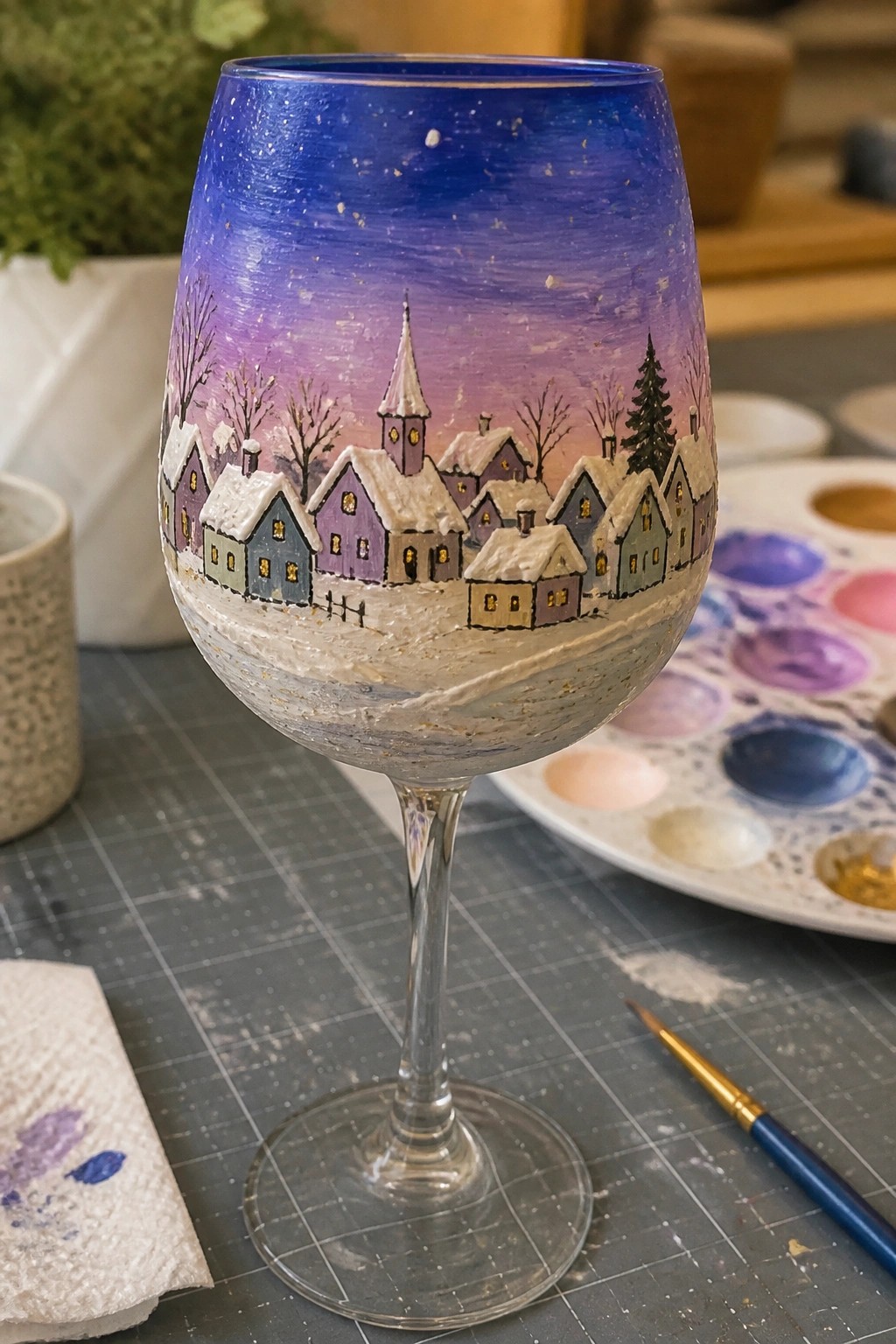 Painted wine glass with snowy village, church, and purple starry sky, paint palette nearby.