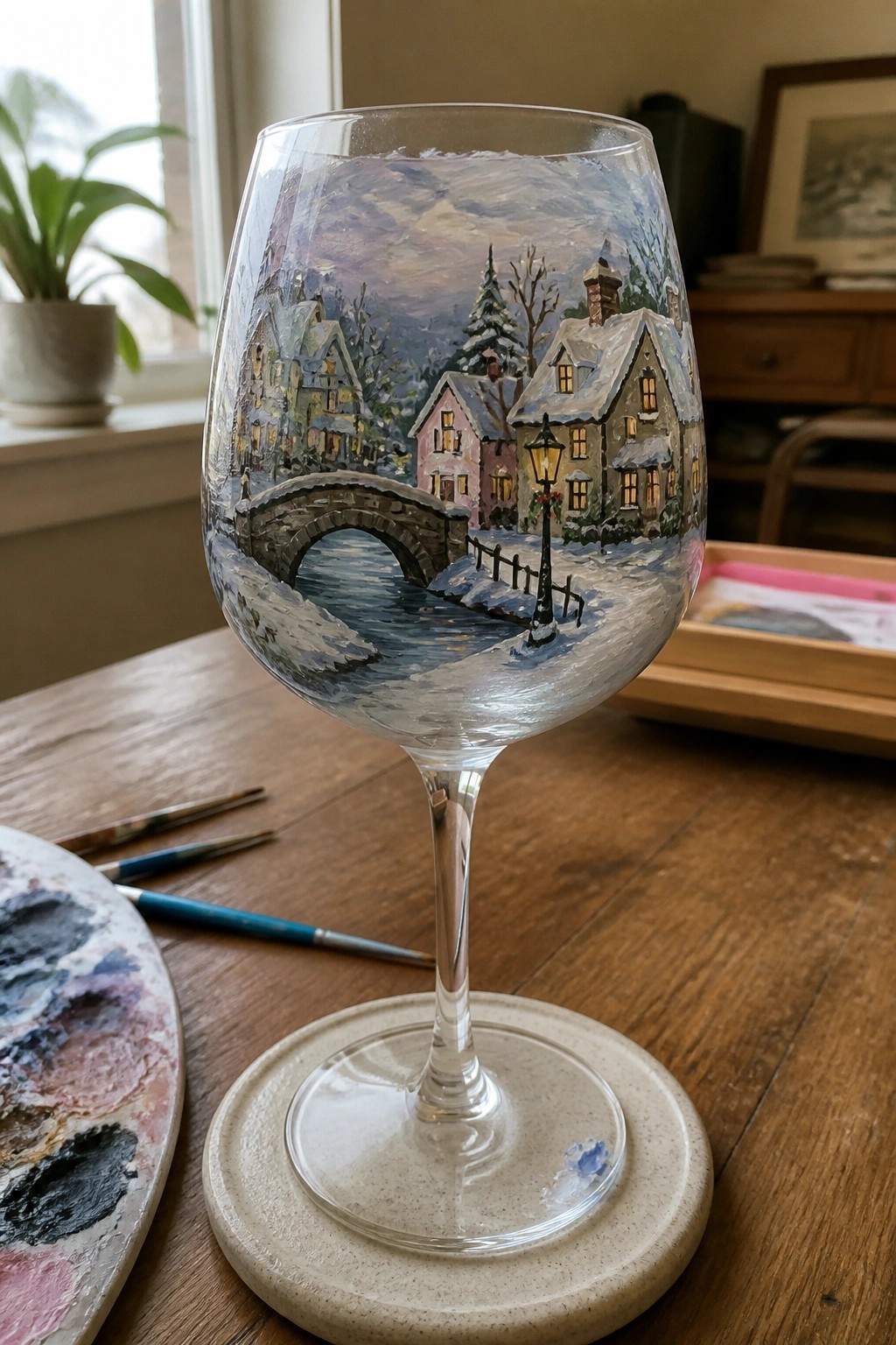 Hand-painted wine glass with snowy village scene, bridge, and houses on wooden table