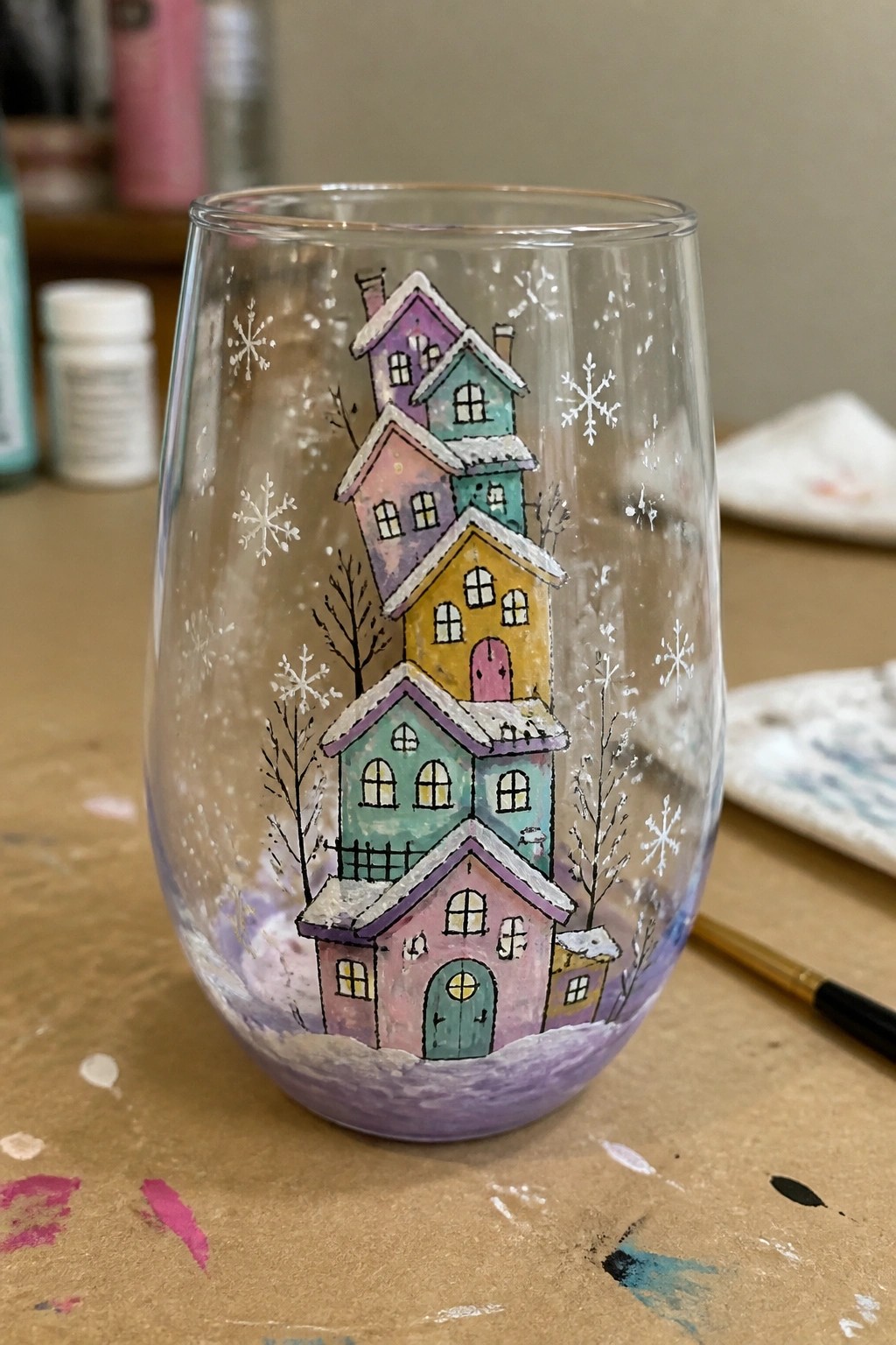 Stemless glass painted with whimsical colorful stacked houses, snow, and snowflakes