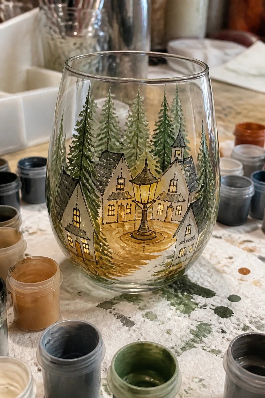 Painted stemless wine glass with glowing village, trees, and lantern amid paint pots.