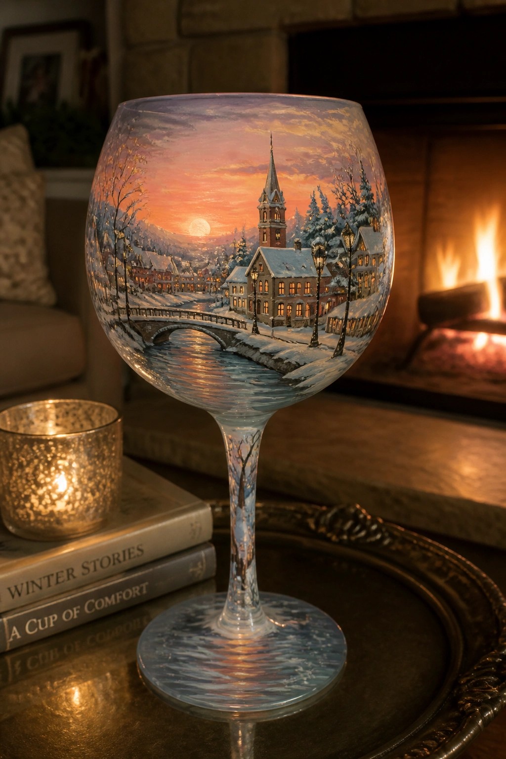 Large wine glass hand-painted with snowy riverside village at colorful sunset.