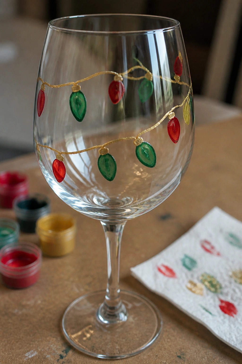 Wine glass hand-painted with red and green Christmas lights on gold wire