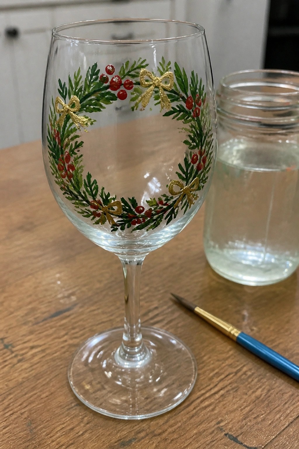 Wine glass with green wreath, red berries, and gold bows beside paintbrush and jar.