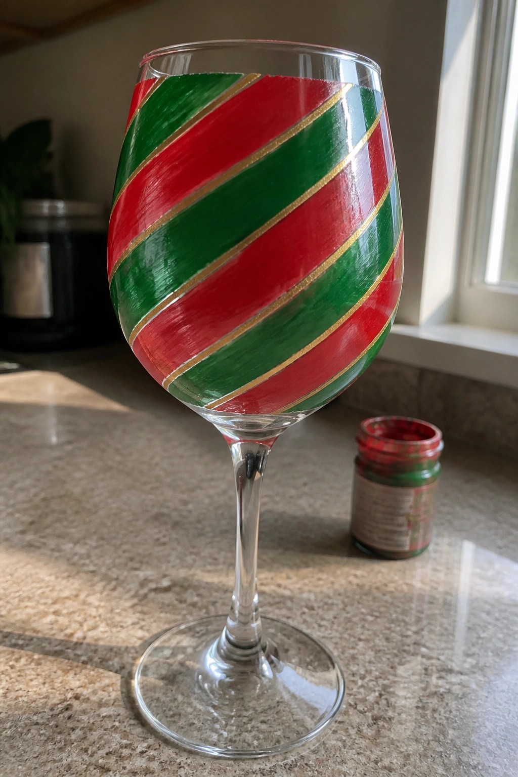 Red and green striped painted wine glass with gold trim on kitchen counter