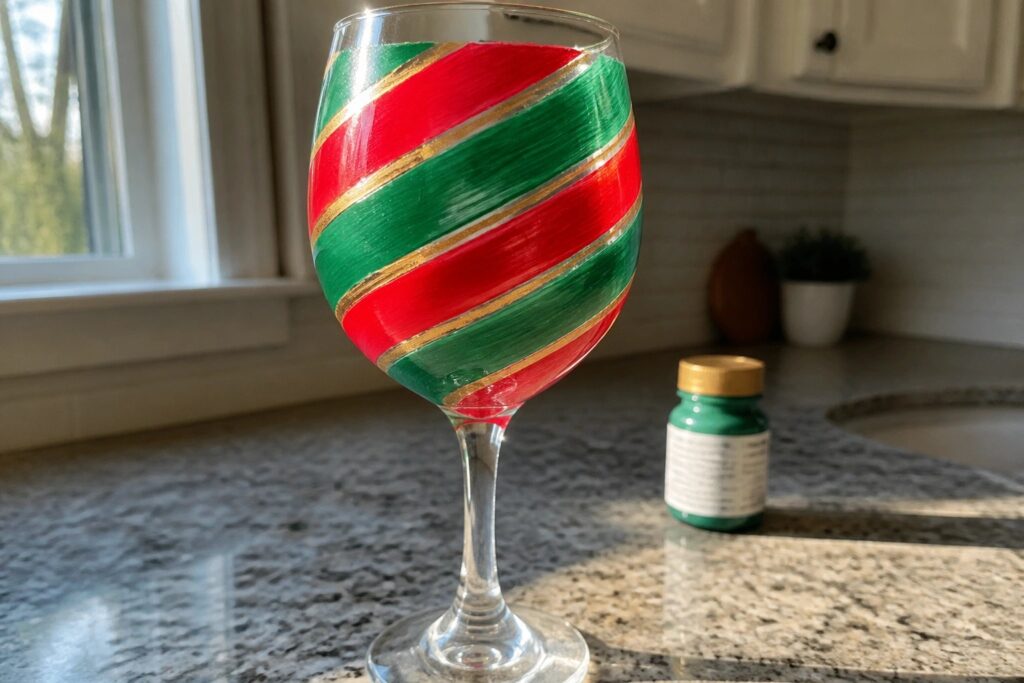 Red and green striped painted wine glass with gold trim on kitchen counter
