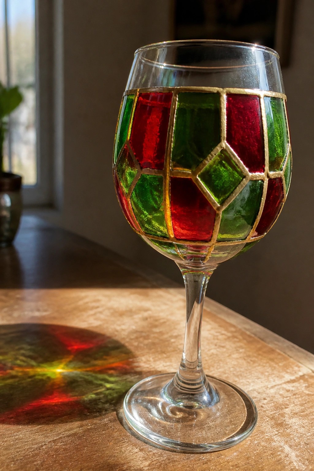 Wine glass with red and green stained panels casting colorful shadow on wooden table.