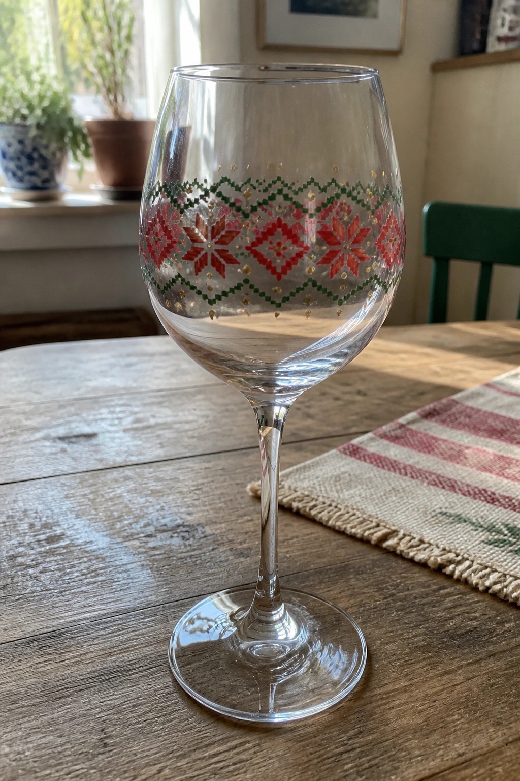 Clear wine glass with red snowflakes and green-gold patterns on wooden table