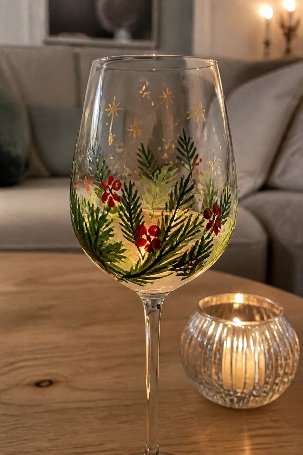 Wine glass painted with pine branches, red berries, and gold stars beside lit candle