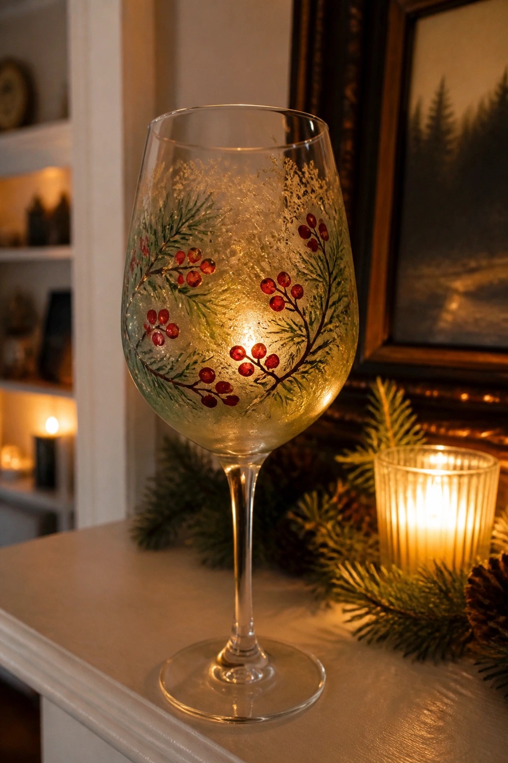 Glowing wine glass painted with red berries and pine branches beside candle