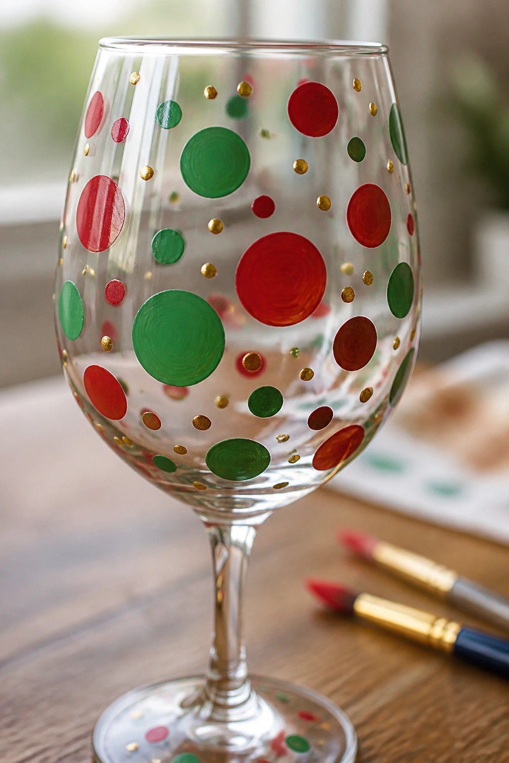 Wine glass with red green circles and gold dots beside paintbrushes on wood.