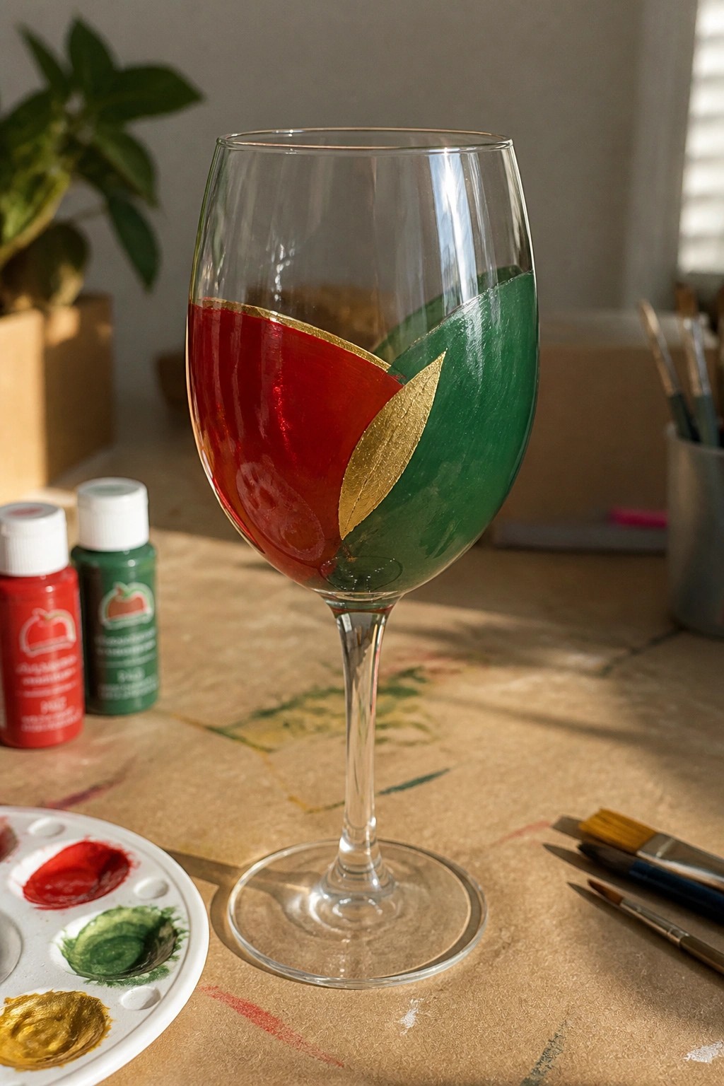 Hand-painted wine glass with red, green, and gold leaf designs amid art supplies
