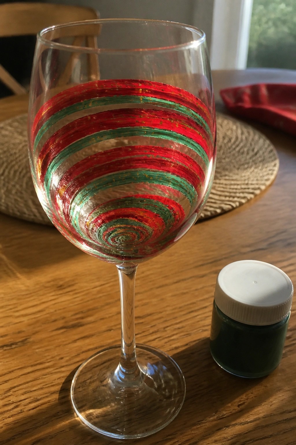 Wine glass with red and green stripes beside green paint jar on wooden table.