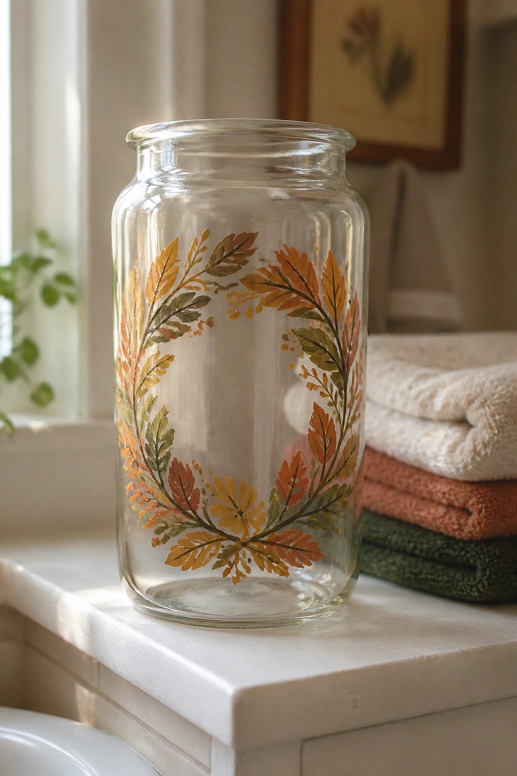 Glass jar with autumn leaf wreath in orange and yellow on white counter beside towels