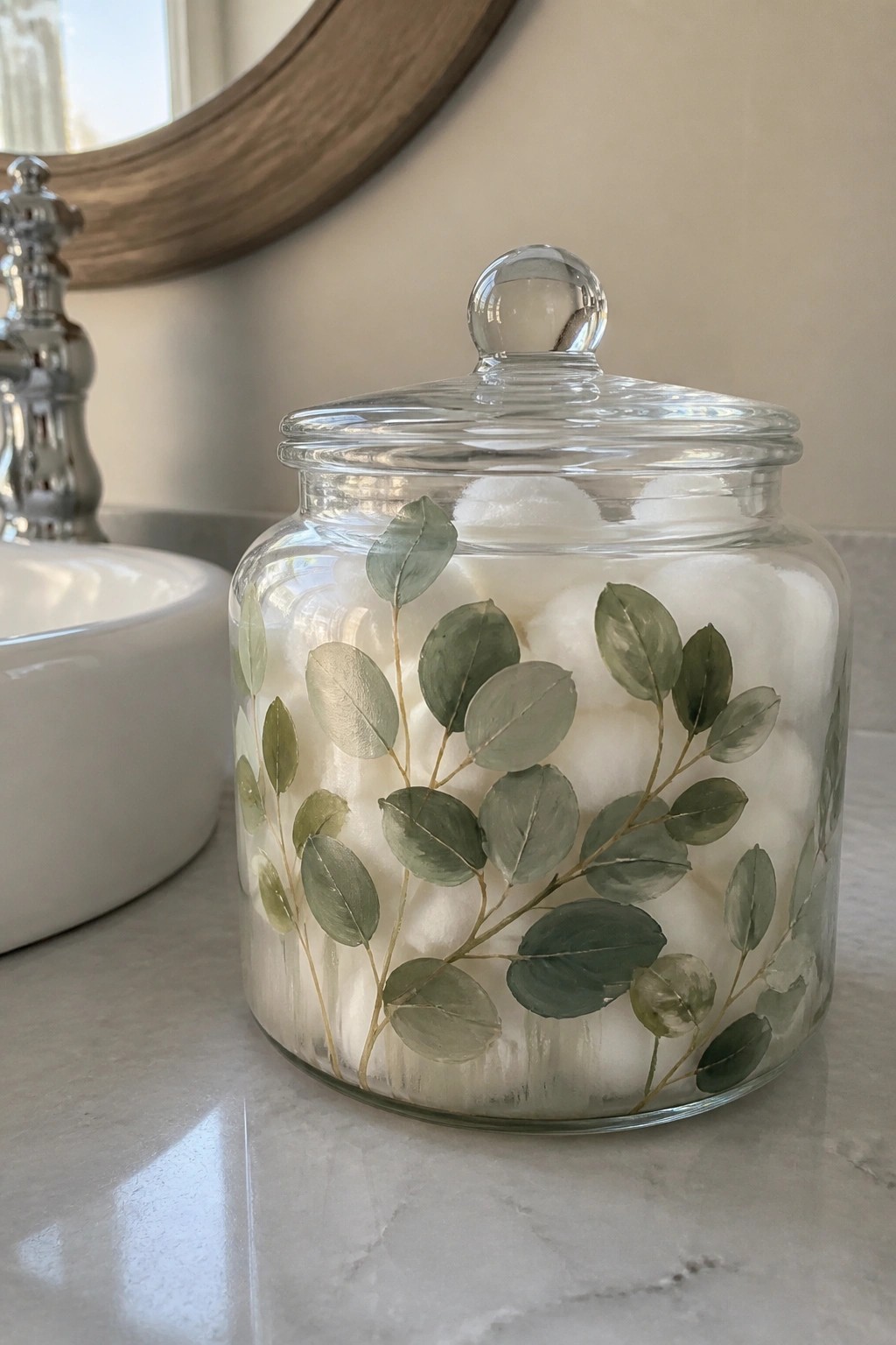 Glass jar with green leaf design filled with white cotton balls on marble counter
