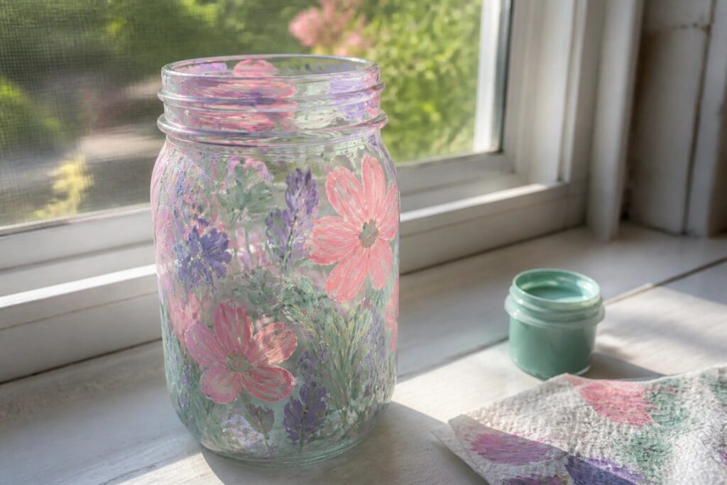 20 Charming Painted Glass Jar Ideas for Shelves, Bathrooms, and Kitchens Painted mason jar with pink flowers, purple blooms, and green leaves on windowsill