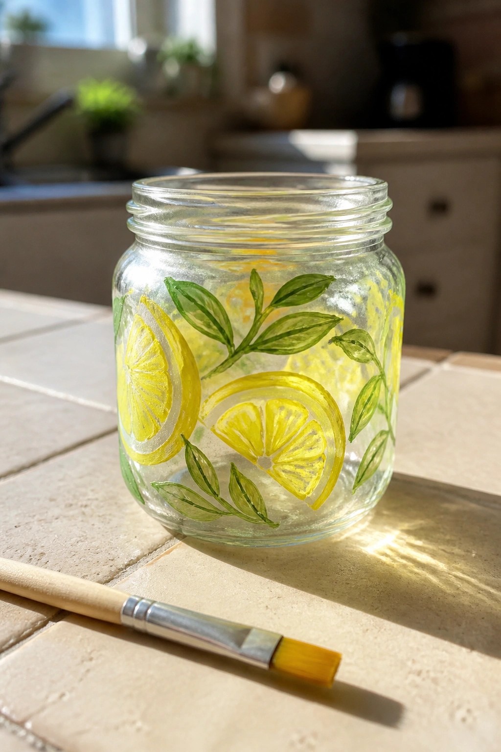 Glass jar painted with yellow lemons and green leaves beside paintbrush on tiled counter