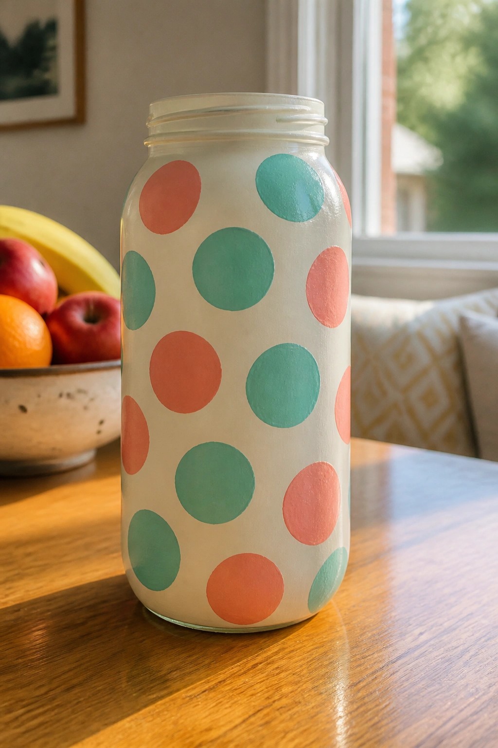 White jar with coral and teal polka dots on wooden table.