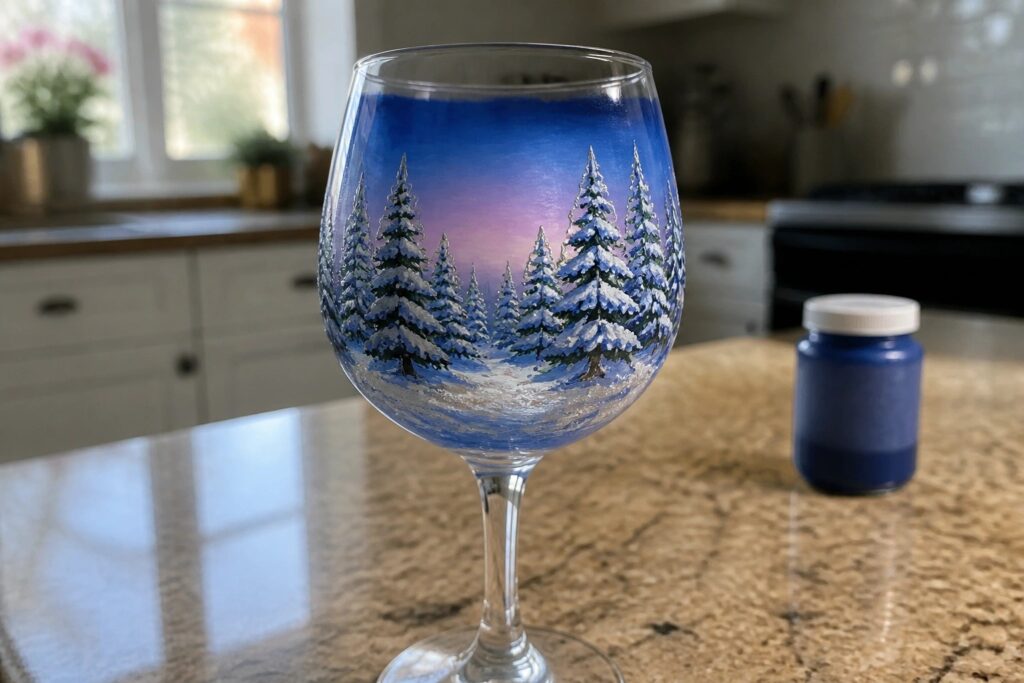 20 Charming Winter Wine Glasses Featuring Snow-Covered Pine Forests A clear wine glass painted with snow-covered pine trees against a blue-to-purple gradient sky rests on a dark countertop.