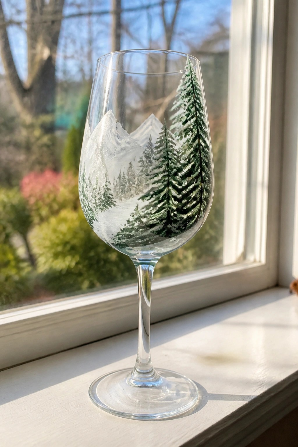 Clear wine glass hand-painted with snowy mountains and green pine trees on sill