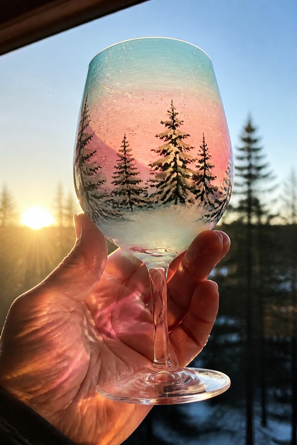 Hand holding wine glass painted with snowy pine trees at pink sunset
