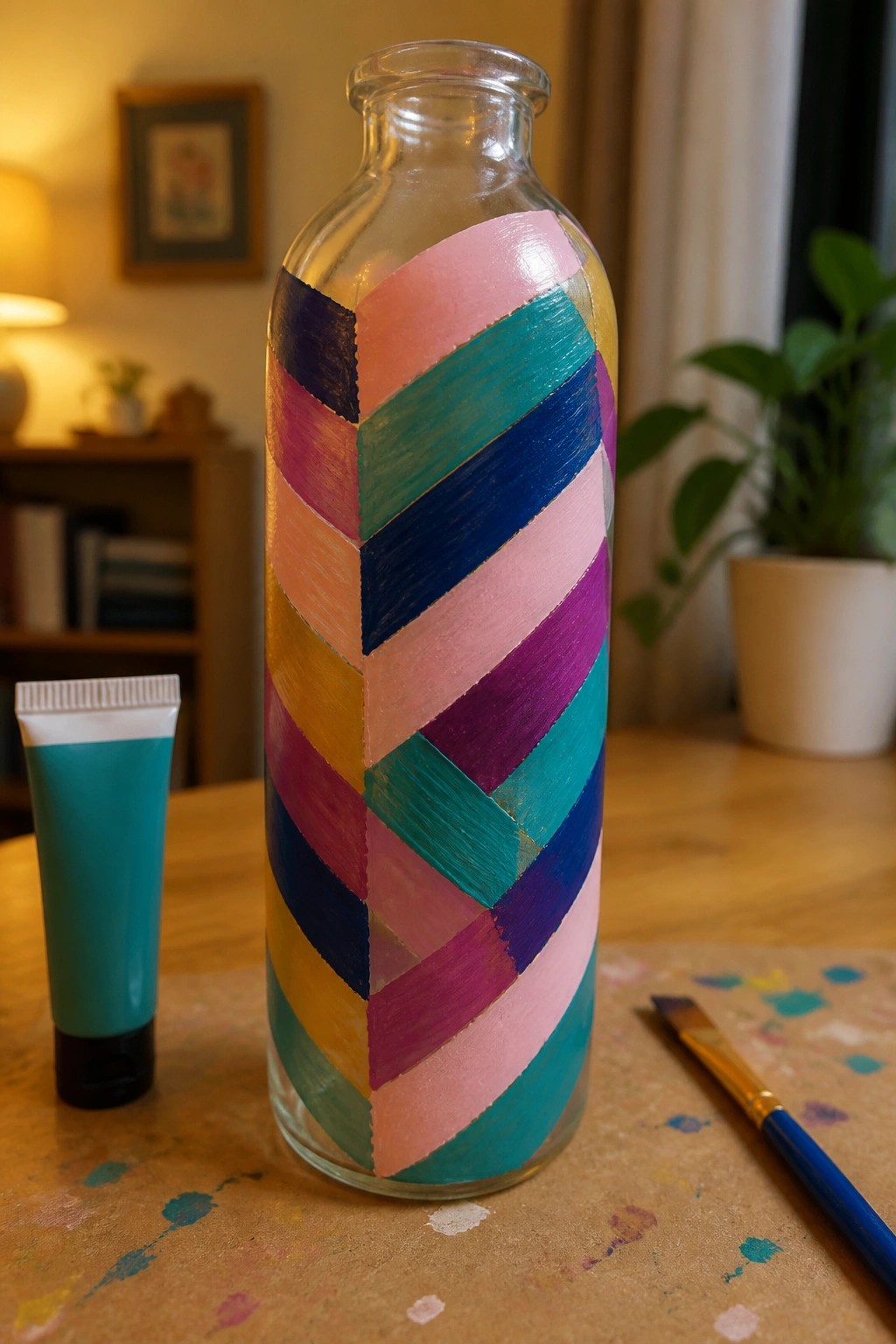 Colorful diagonally striped glass bottle with teal paint tube and brush on table