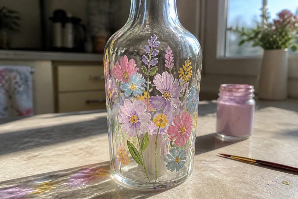 20 Creative Glass Bottle Painting Ideas Using Acrylics for Beautiful DIY Home Decor Glass bottle painted with pink, purple, blue wildflowers beside paint jar and brush