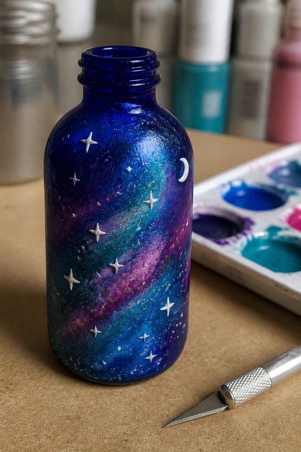 Galaxy-painted blue bottle with stars and moon beside paint palette and knife