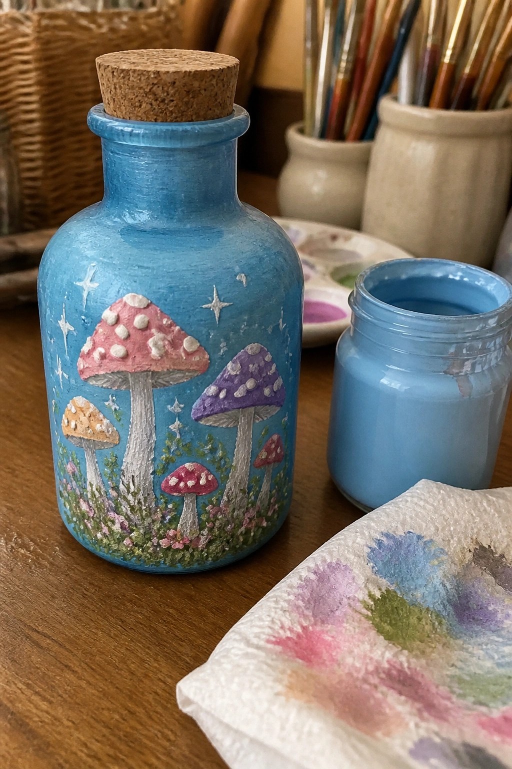 Blue painted bottle with colorful mushrooms beside open jar of blue paint on wooden table