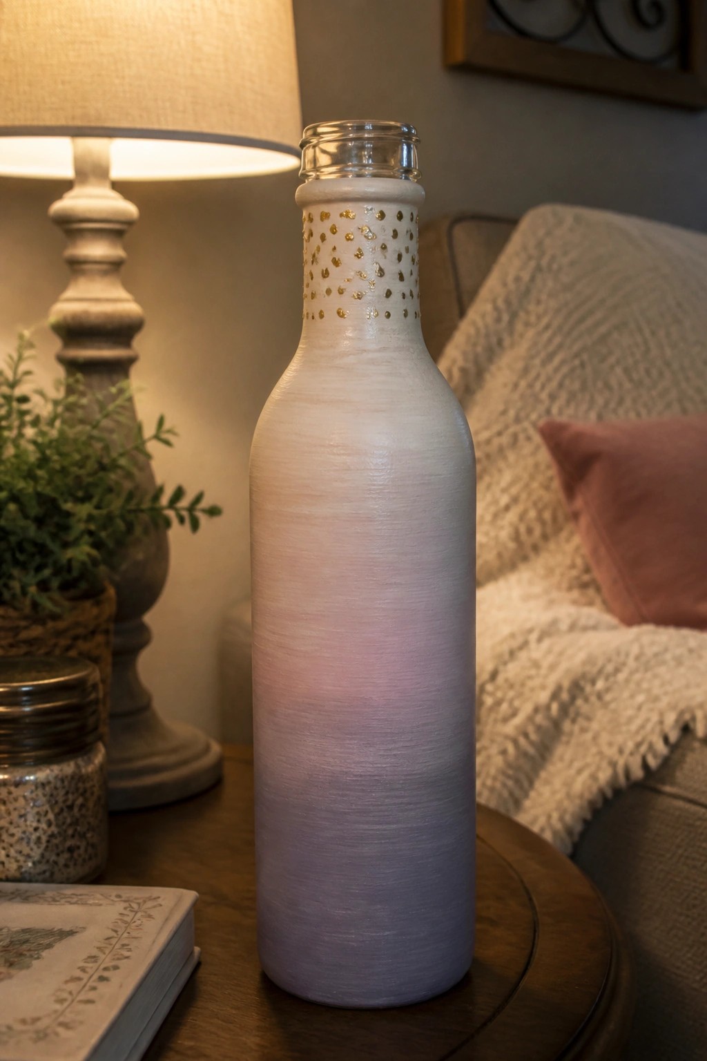 Ombre white-to-purple painted bottle with gold dots on wooden table